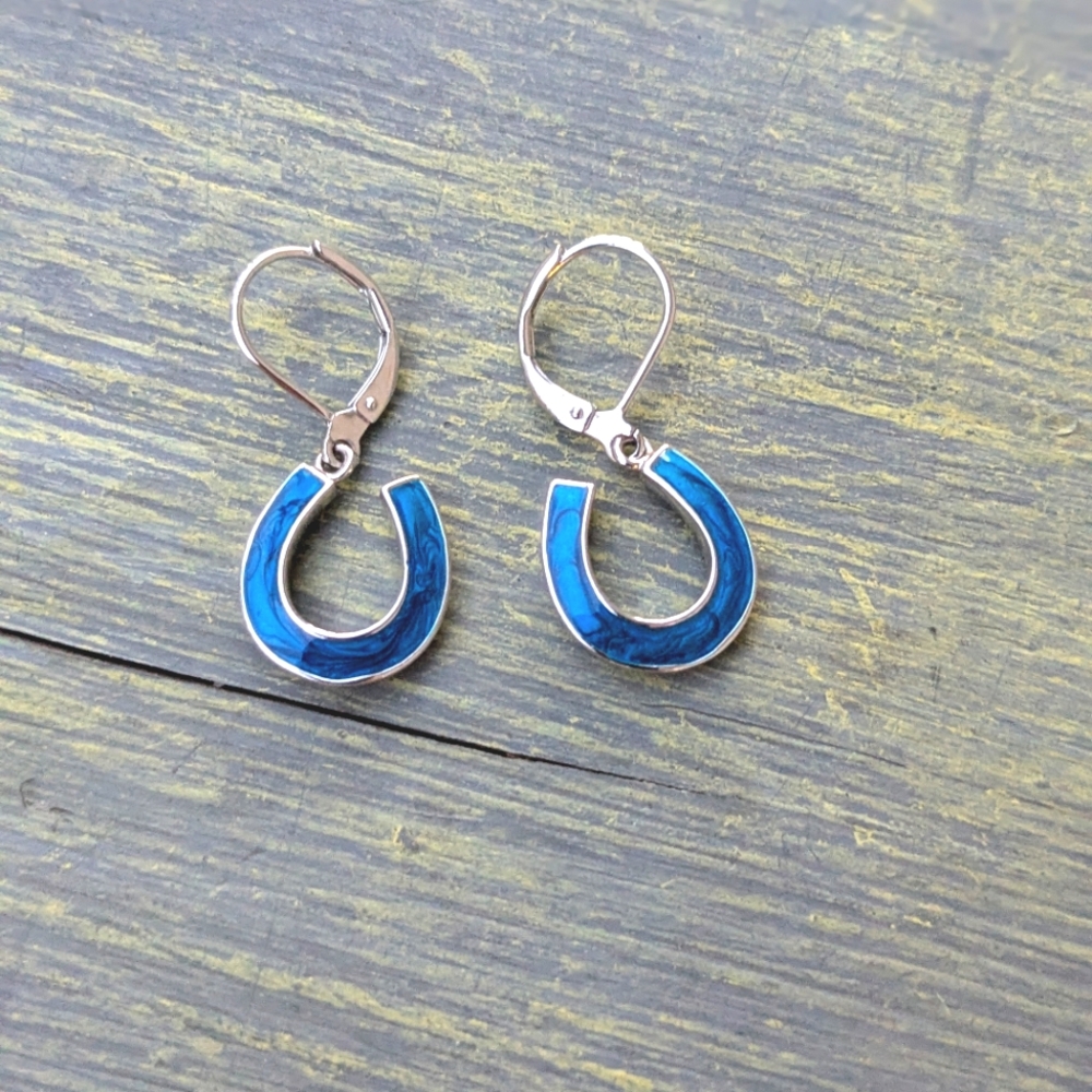 Peacock Blue 💙 and Silver Horseshoe Shaped Earrings iwith Glossy Finish